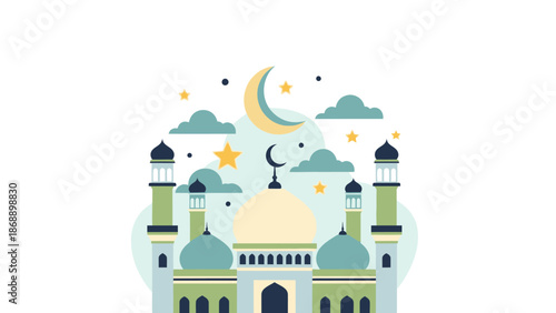 Mosque Building with Minarets and Crescent Moon.