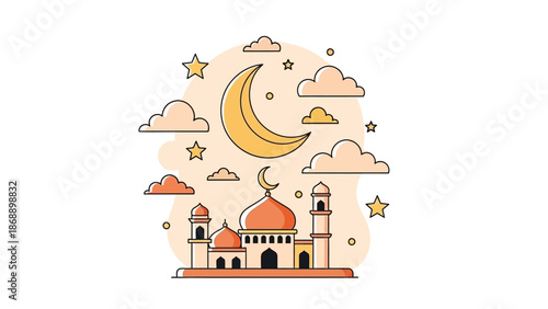 Mosque Illustration with Crescent Moon Stars.