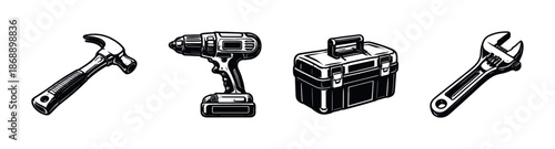 Tools vector icons set. hammer, drill, wrench symbols and illustrations