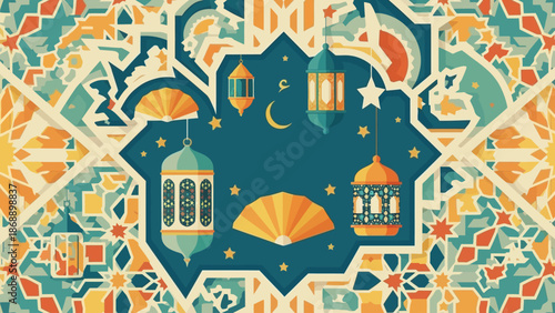 Islamic Pattern with Mosque and Symbols.