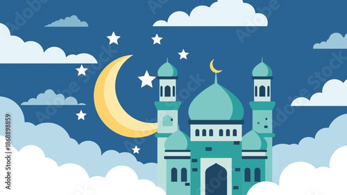 Mosque with Crescent Moon and Stars.