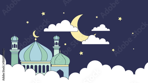 Mosque with Crescent Moon and Stars.