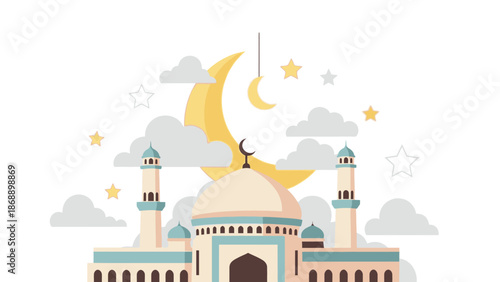 Mosque with Crescent Moon and Stars.