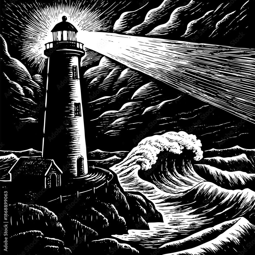 Fototapeta premium Dramatic Cliffside Lighthouse in Stormy Weather