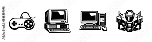 Retro technology vector icons set: gaming, computer, robot graphics