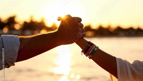 Sunset high five between friends by the water.