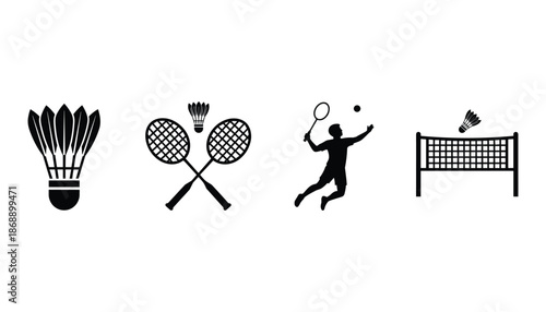Badminton vector icon set of equipment shuttlecock and player silhouette on transparent background