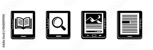 Ereader vector icons set. digital, ebook, reading symbols