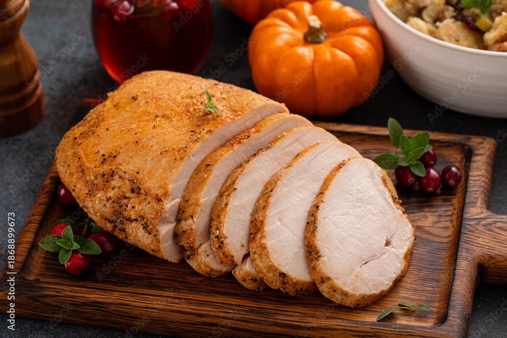 Fototapeta premium Roasted turkey breast sliced on a board for Thanksgiving dinner