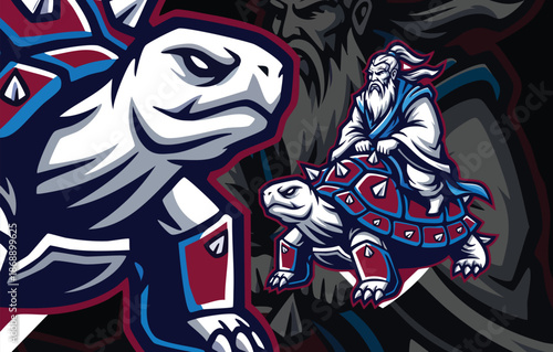 Wise Old Man Shaman Riding a Giant Armored Turtle Mascot, Representing Wisdom, Longevity, and Resilience.