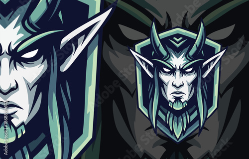 Intense Fantasy Portrait of Dual Mystical Dark Elves or Demons with Horns, Ideal for Gaming Team Logos.