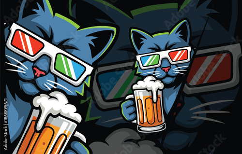 Cool Blue Cats Wearing 3D Glasses and Toasting with Beer Mugs, Perfect Mascot for Nightlife or Movie Streaming.