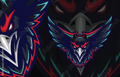 Dual Aggressive Fantasy Creature Mascots Combining Wolf and Bird Elements in Intense Red and Blue E-sports Style.