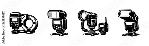 Camera accessory vector icons set. photography, flash, equipment symbols