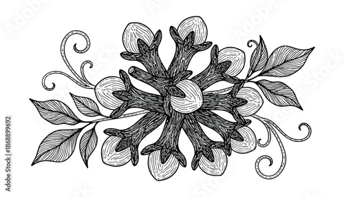 Clove botanical floral element with leaves and tendrils black vector hand drawn illustration