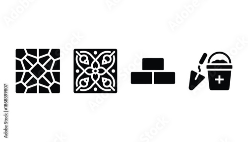 Construction vector icon mosaic tile brick trowel building architecture material set