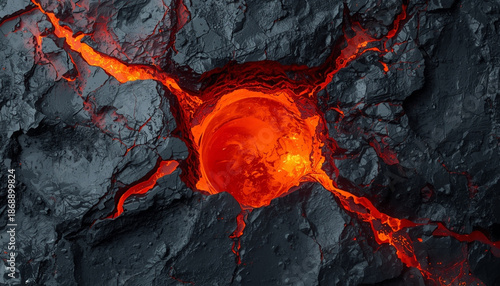 A mesmerizing fiery core glows brightly within dark cracked volcanic rock formations.
