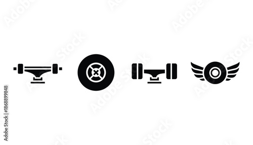 Different skateboard truck parts set vector illustration transportation vehicle accessory equipment black icon