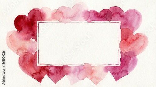 Watercolor pink and red hearts frame on textured paper background, romantic abstract hand painted border with blank rectangle copy space, for valentine day, wedding, greeting card, love concept.