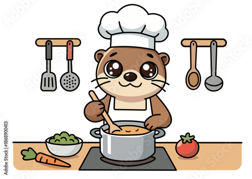 Adorable otter chef in white hat and apron cooking healthy vegetable soup in pot on kitchen stove, cute vector character for kids menu, culinary blog, recipes or home decor design concept.