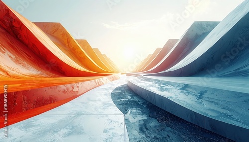 Vibrant abstract architectural landscape with contrasting warm orange and cool blue waves converging towards a brilliant light source, symbolizing future pathways and balanced progress
