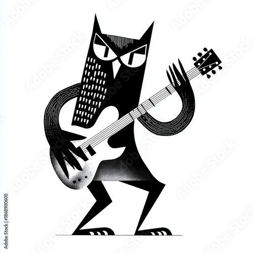Stylized Black and White Owl Playing Electric Guitar Illustration