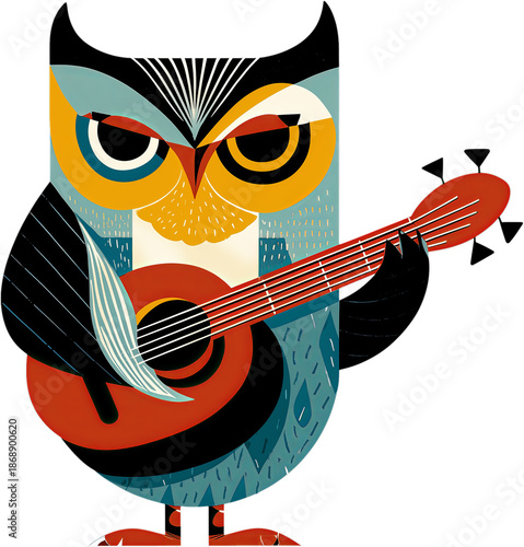 Detailed Colorful Owl Playing Guitar in Modern Graphic Illustration Style