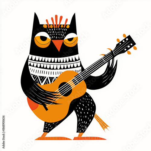 Colorful Folk Art Owl Playing Acoustic Guitar Illustration