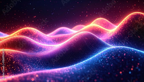 Vibrant glowing particle waves in a digital abstract landscape, representing data flow, sound visualization, or a futuristic energy field