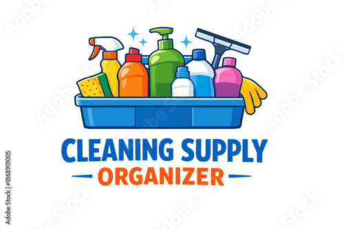Colorful cleaning supply organizer with bottles, sponge, gloves, and squeegee