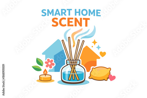 Smart home scent concept with aromatic sticks, candle, and cozy elements