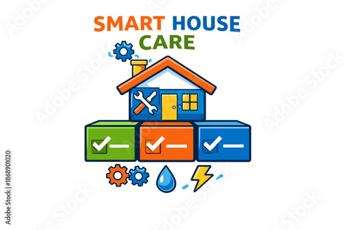 Smart house care logo with tools, gears, and energy symbols