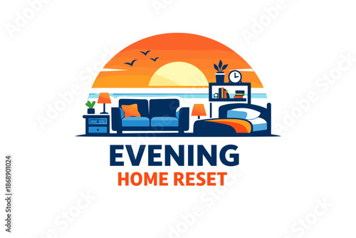 Cozy evening home reset with sunset view and modern furniture