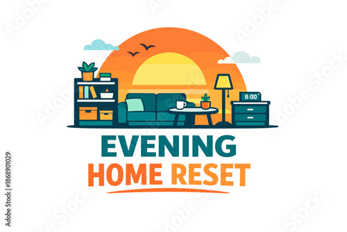 Evening home reset with cozy living room and sunset background