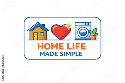 Home life made simple logo featuring house, heart, washing machine, and plant