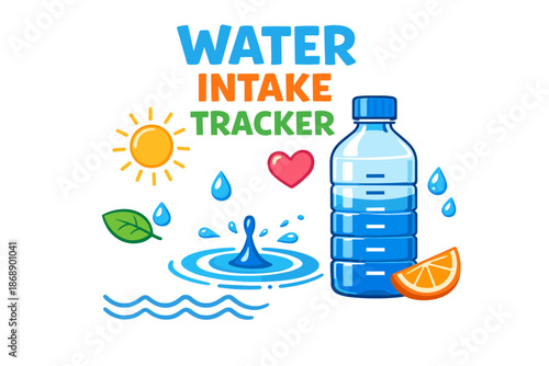 Water intake tracker design with bottle, sun, splash, and fruit element graphics