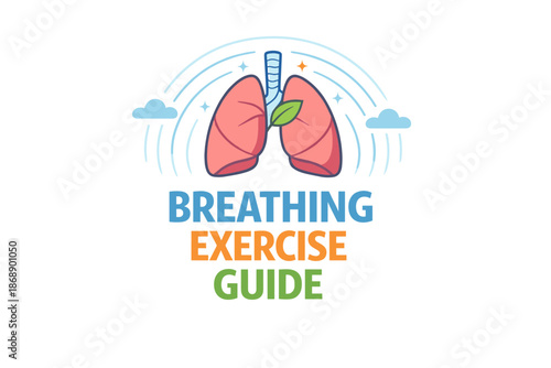 Breathing exercise guide: illustrated lungs with leaf and clouds