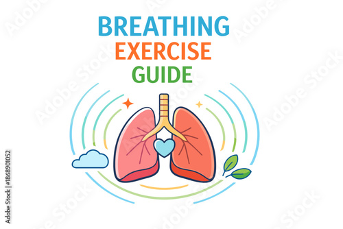Breathing exercise guide: illustrated lungs with heart symbol and nature elements