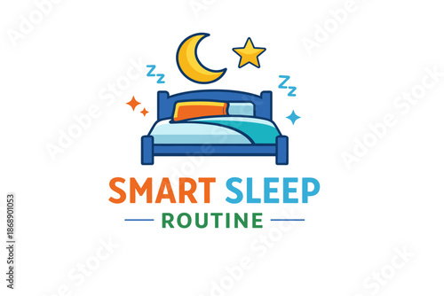 Smart sleep routine icon with bed, moon, and stars for relaxation and rest