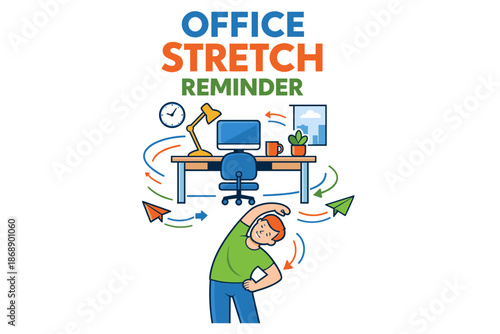 Office stretch reminder: cartoon of a woman stretching at work with desk and computer