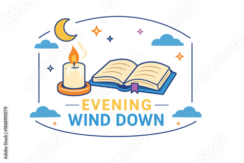 Evening wind down illustration with open book, candle, and moon scene