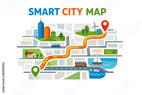Colorful smart city map with route and landmarks