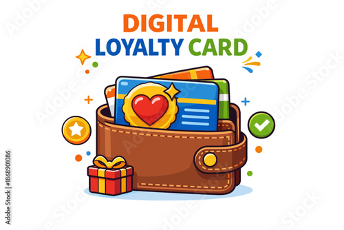Digital loyalty card in wallet with gift and rewards icons