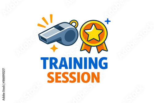 Whistle and award badge icon with training session text in blue and orange