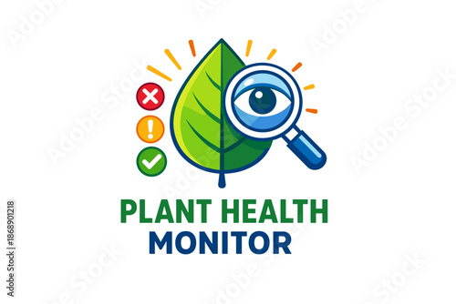 Plant health monitor logo with leaf, magnifying glass, eye symbol, and status indicators