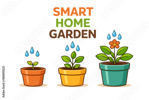 Smart home garden: three potted plants with automatic watering system graphics