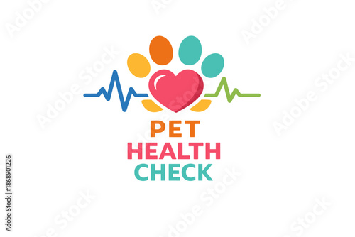 Colorful pet health check logo with heart, paw, and heartbeat design