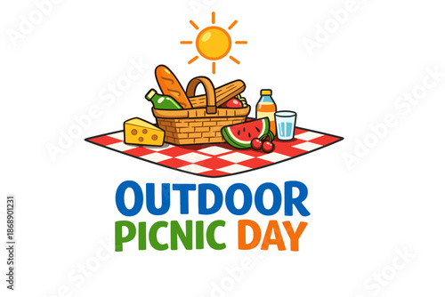 Outdoor picnic day illustration with basket of food and sun