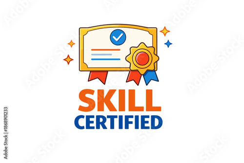 Skill certification badge with checkmark and ribbons