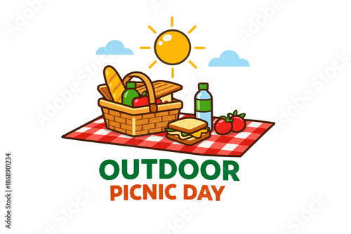 Outdoor picnic day with basket and food on checkered blanket under sun